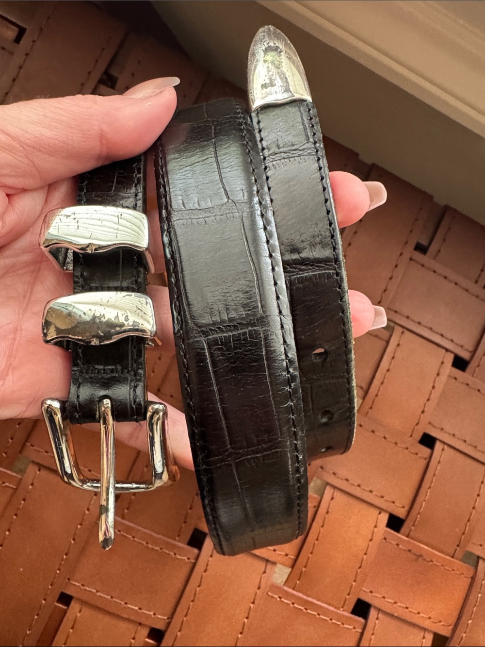 Martin Dingman Black Alligator Leather Belt with Silver Buckle 85 / 34
